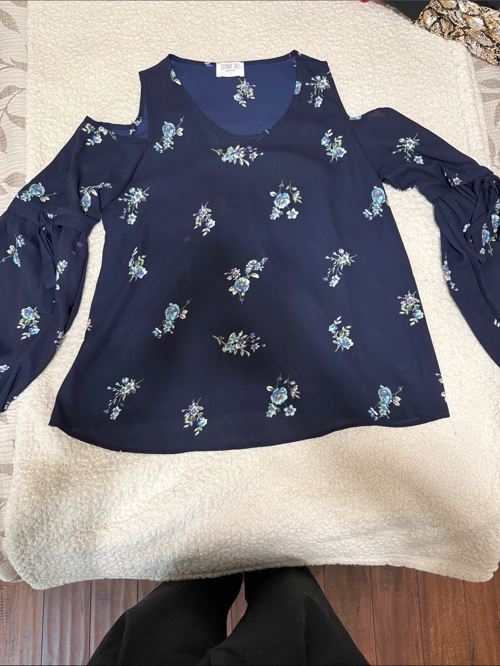 Sienna Sky Navy Blue Cold-Shoulder Floral Blouse
